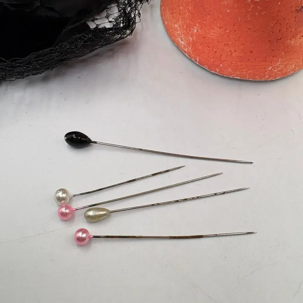 Vintage Black Rose Birdcage Mesh Veil Tilt Topper Fascinator Hat & Hat Pins Lot